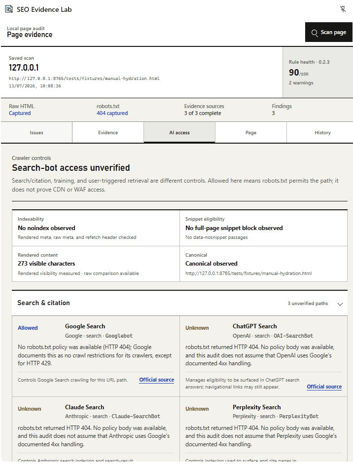 SEO Evidence Lab showing search bot access checks for Google, ChatGPT, Claude, and Perplexity