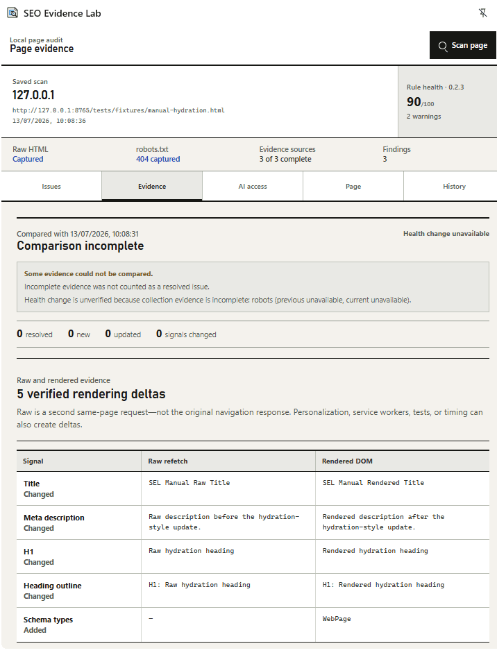 SEO Evidence Lab showing a saved comparison and five verified rendering changes