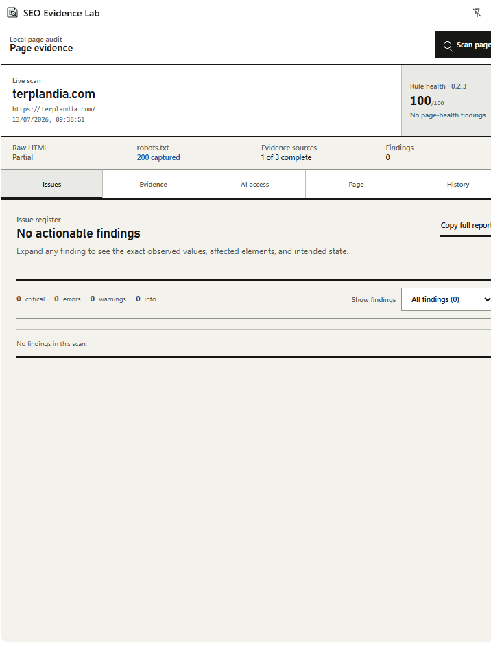 SEO Evidence Lab live scan of terplandia.com with no actionable findings