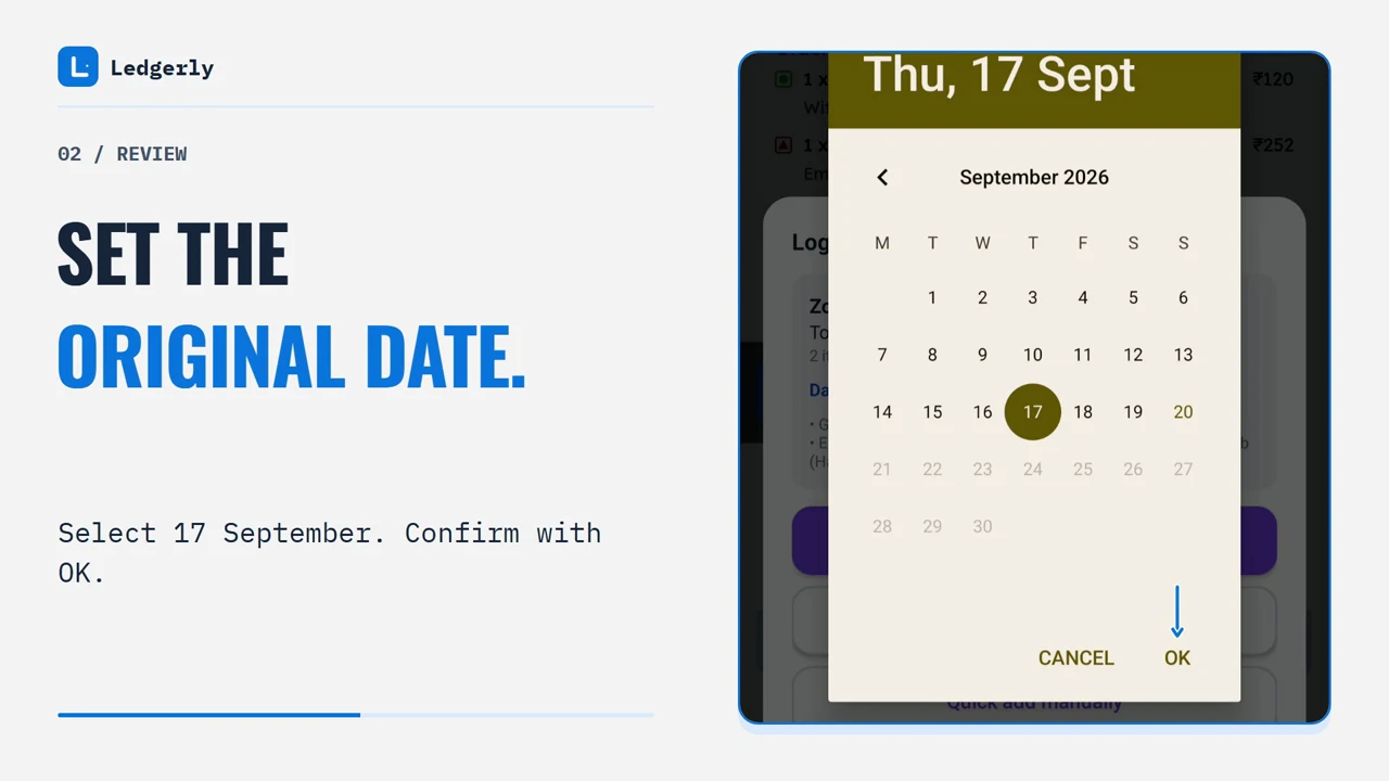 Ledgerly demo with September 17 selected in the purchase-date calendar and an instruction to confirm with OK.