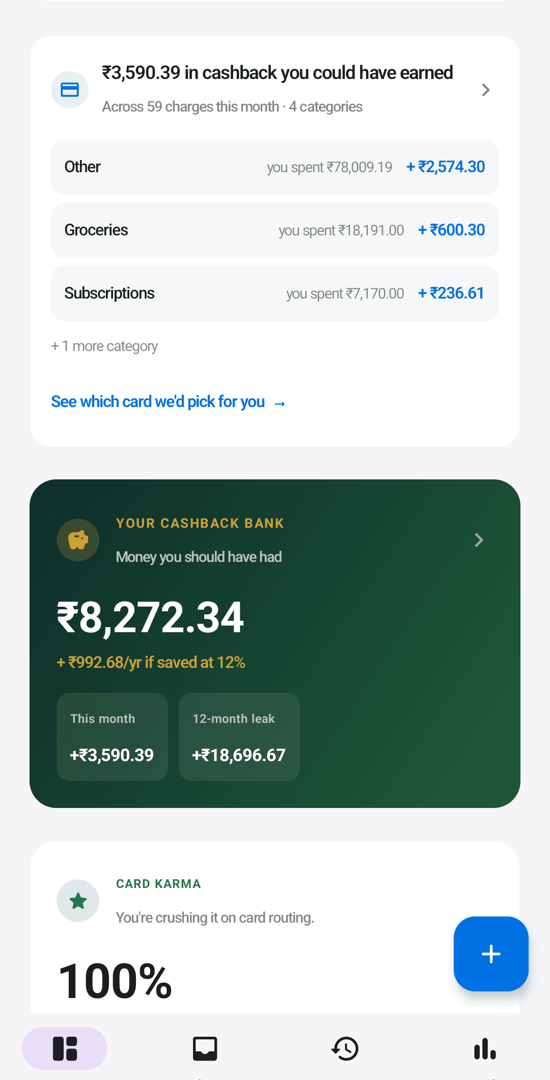 The Cashback Bank summary and Card Karma score in the home feed
