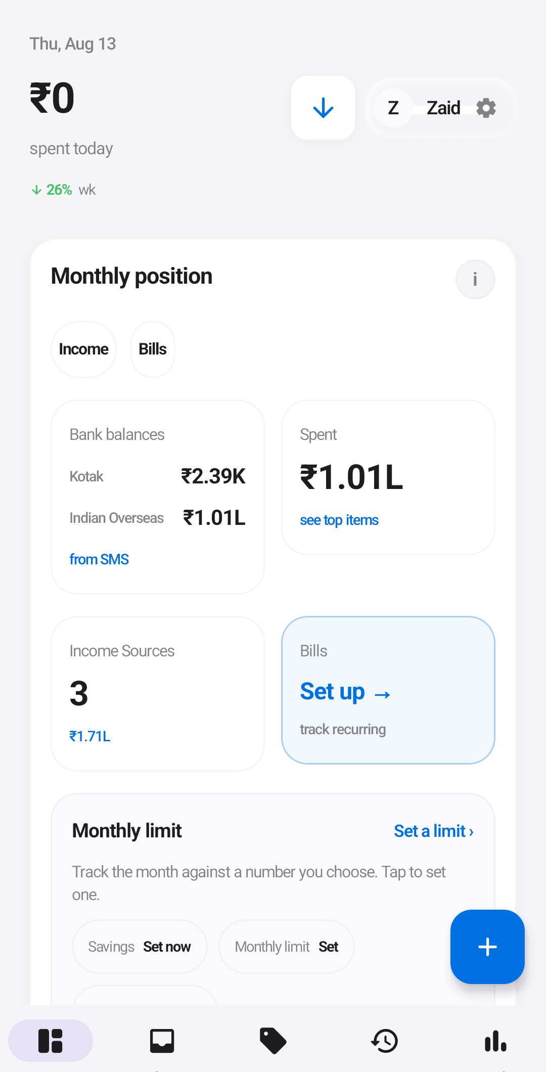 The Ledgerly home dashboard