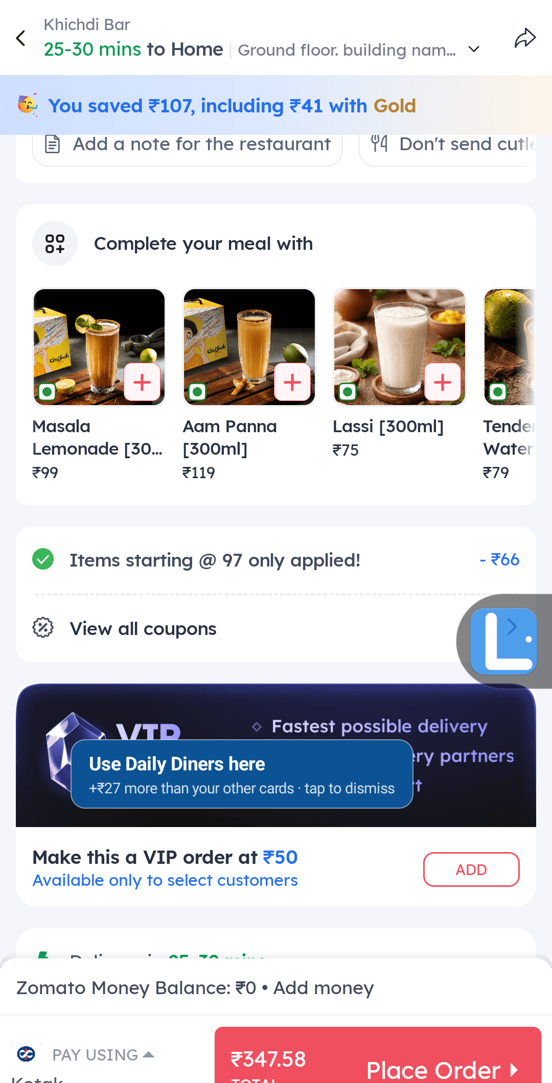 Ledgerly's pre-swipe nudge recommending the best card on a live Zomato cart