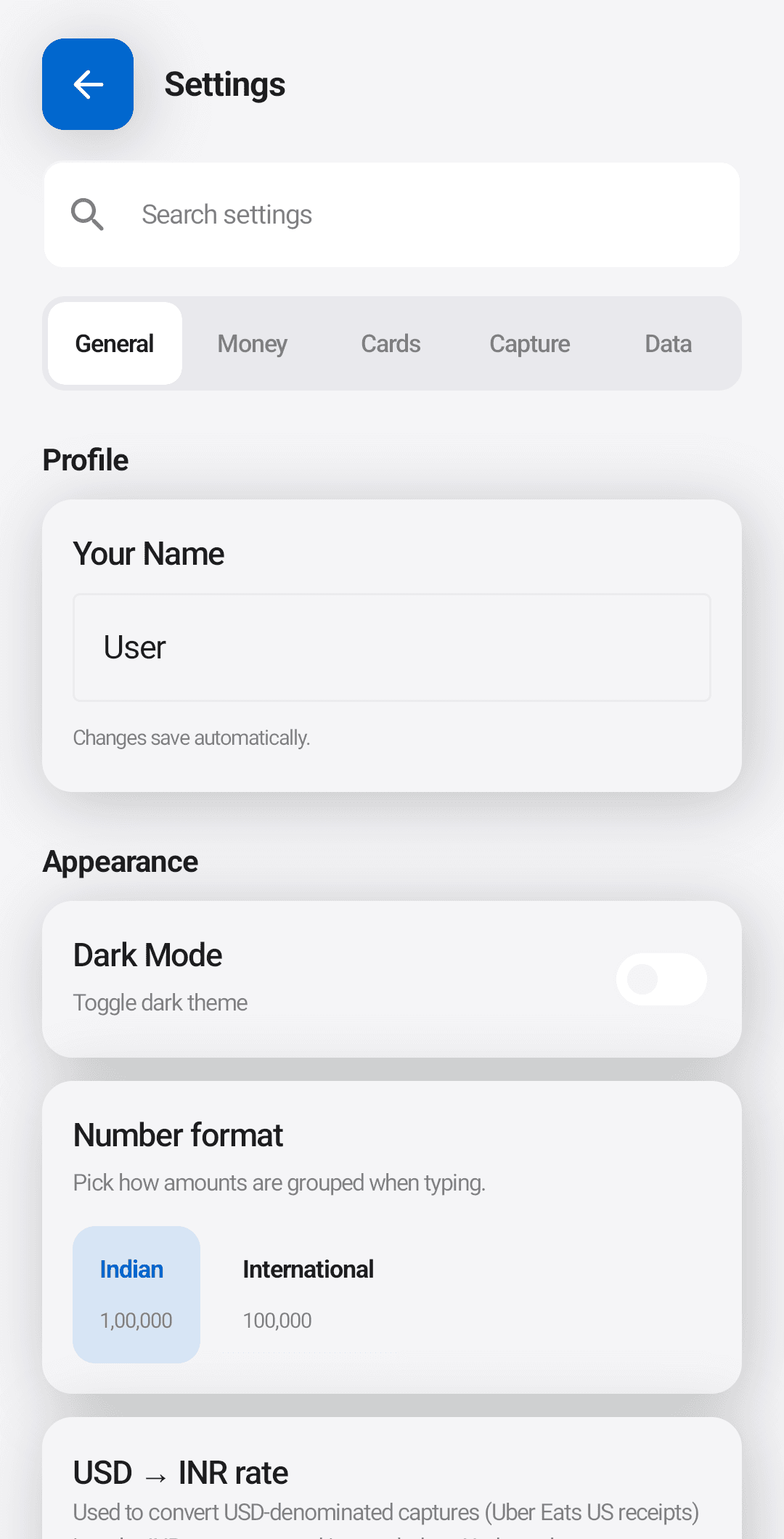 Ledgerly settings across general, money, cards, capture, and data