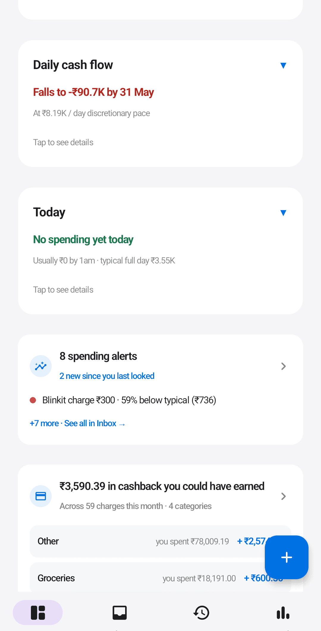 Daily spending alerts and the running cashback tally