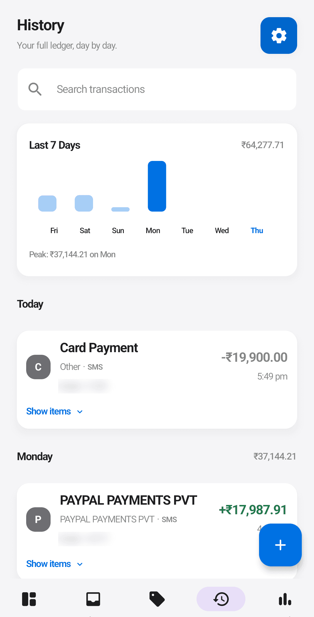The transaction ledger: a seven-day spend chart, then every captured transaction, day by day