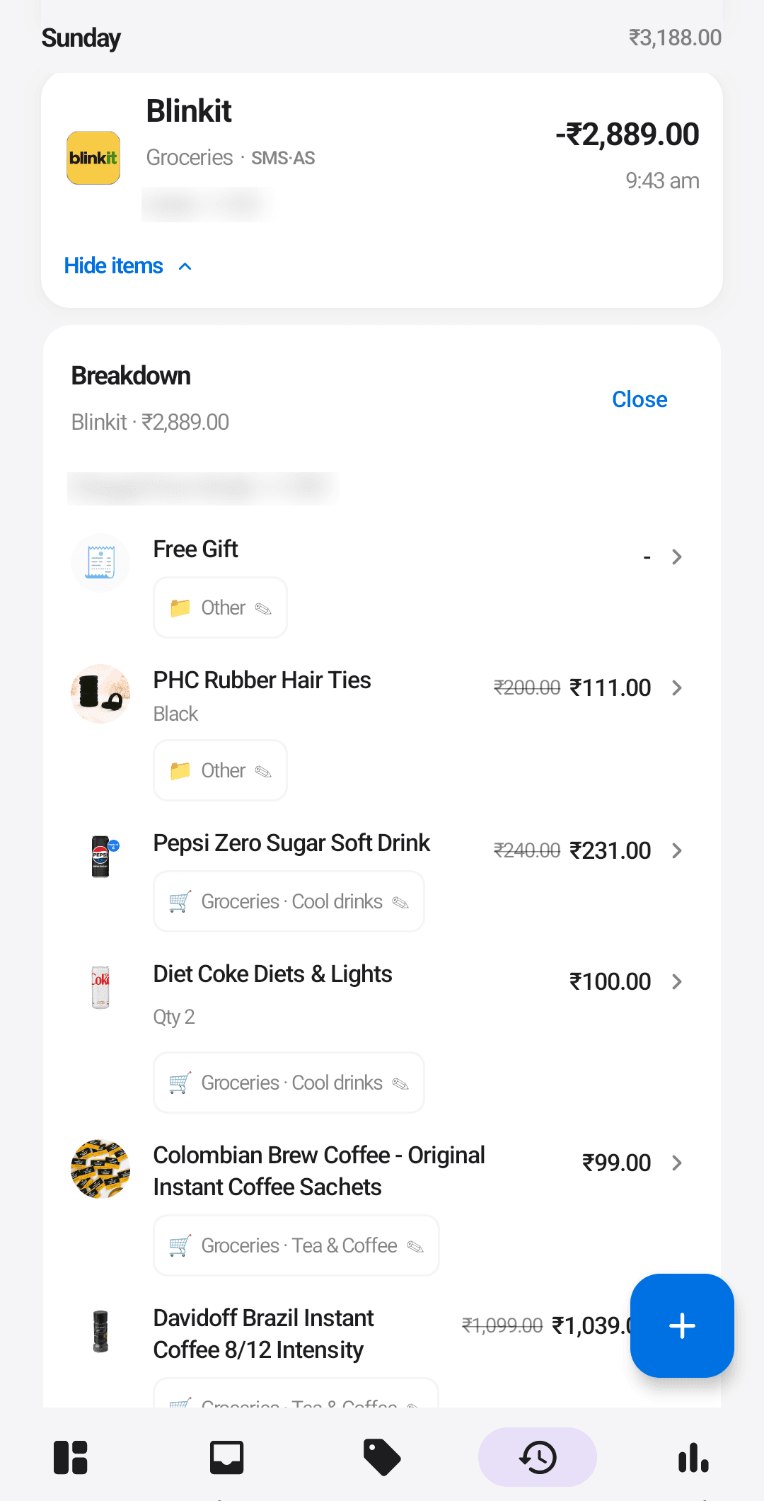 Ledgerly transaction history showing the weekly spend chart and imported bank SMS entries
