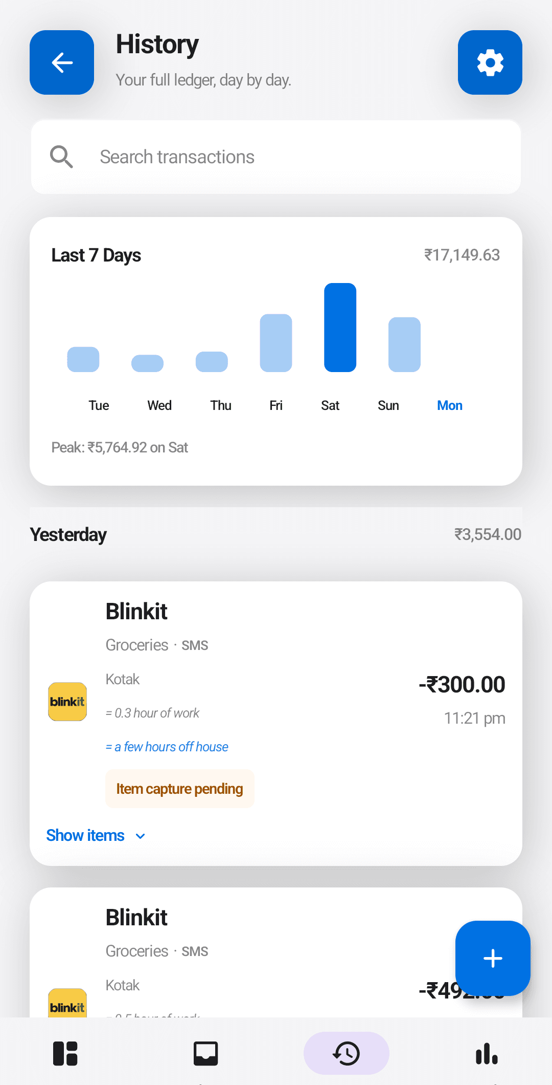 Transaction ledger with a seven-day spend chart