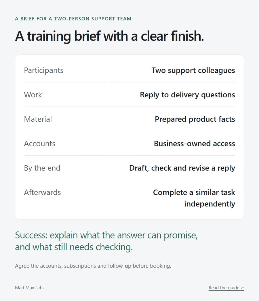 Sample training brief for two customer-support colleagues: draft a delivery reply, use supplied product facts, check promises and work independently afterwards.