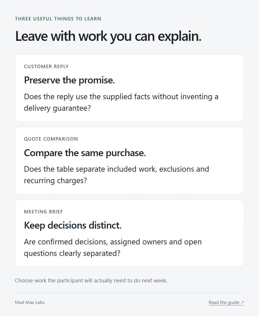 Three finished-work examples: a customer reply, a quote comparison and a meeting brief, each with a concrete acceptance question.