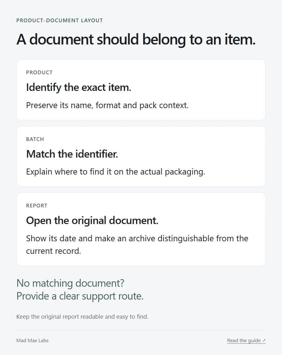 Document access example linking a product to its batch identifier, report date and original downloadable report.