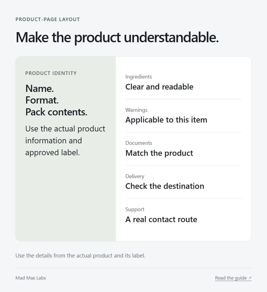 Concept product-information layout reserving clear places for identity, pack contents, ingredients, warnings, documents and delivery eligibility.