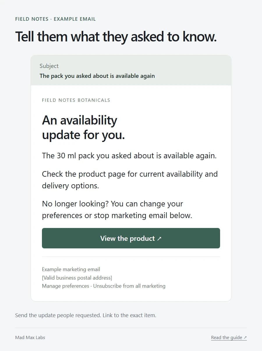Example availability email naming the requested 30 ml pack and linking to current product and delivery information without a countdown.