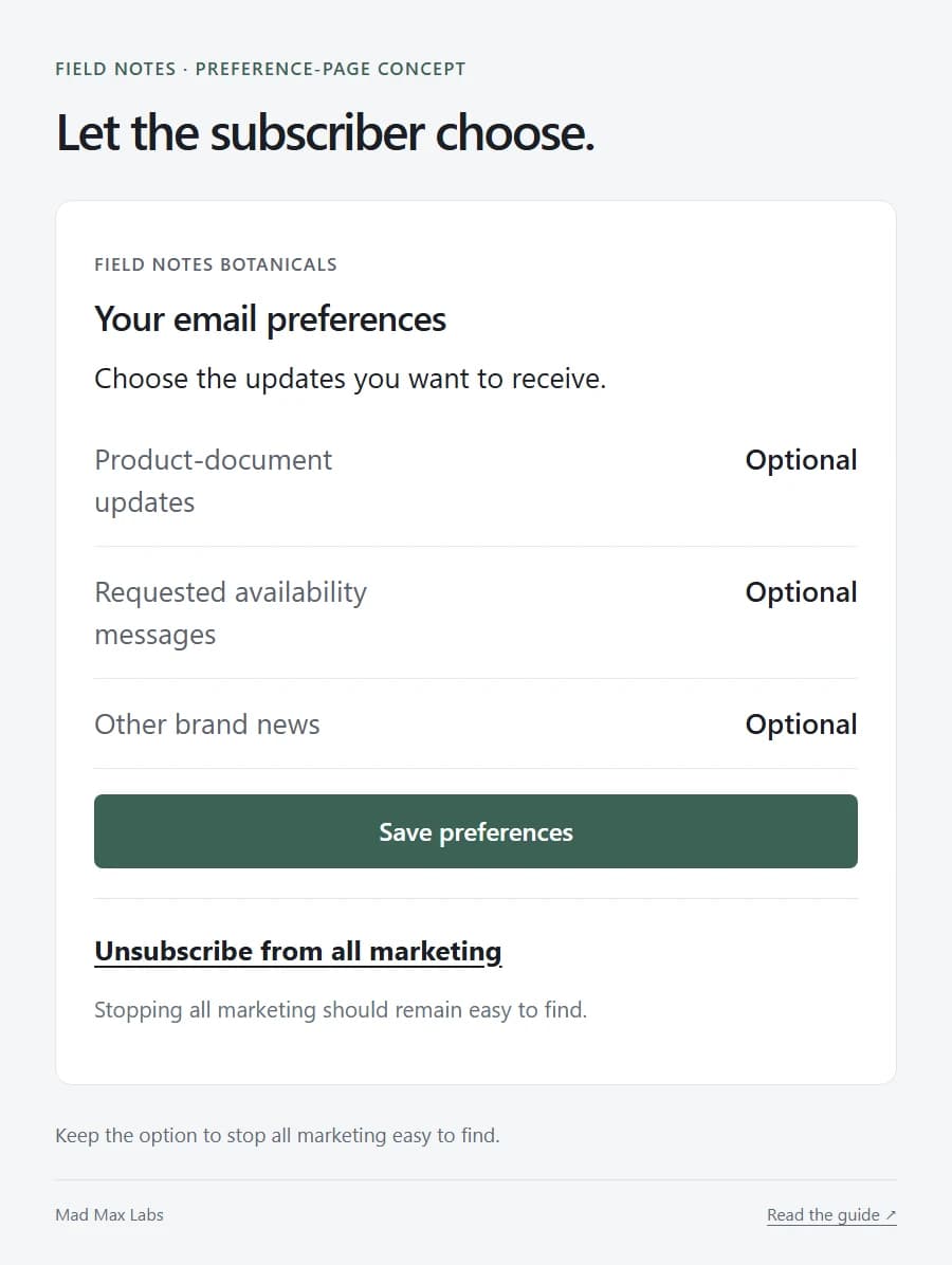 Concept email preference page offering product-document updates, availability messages and a prominent unsubscribe-from-all option.