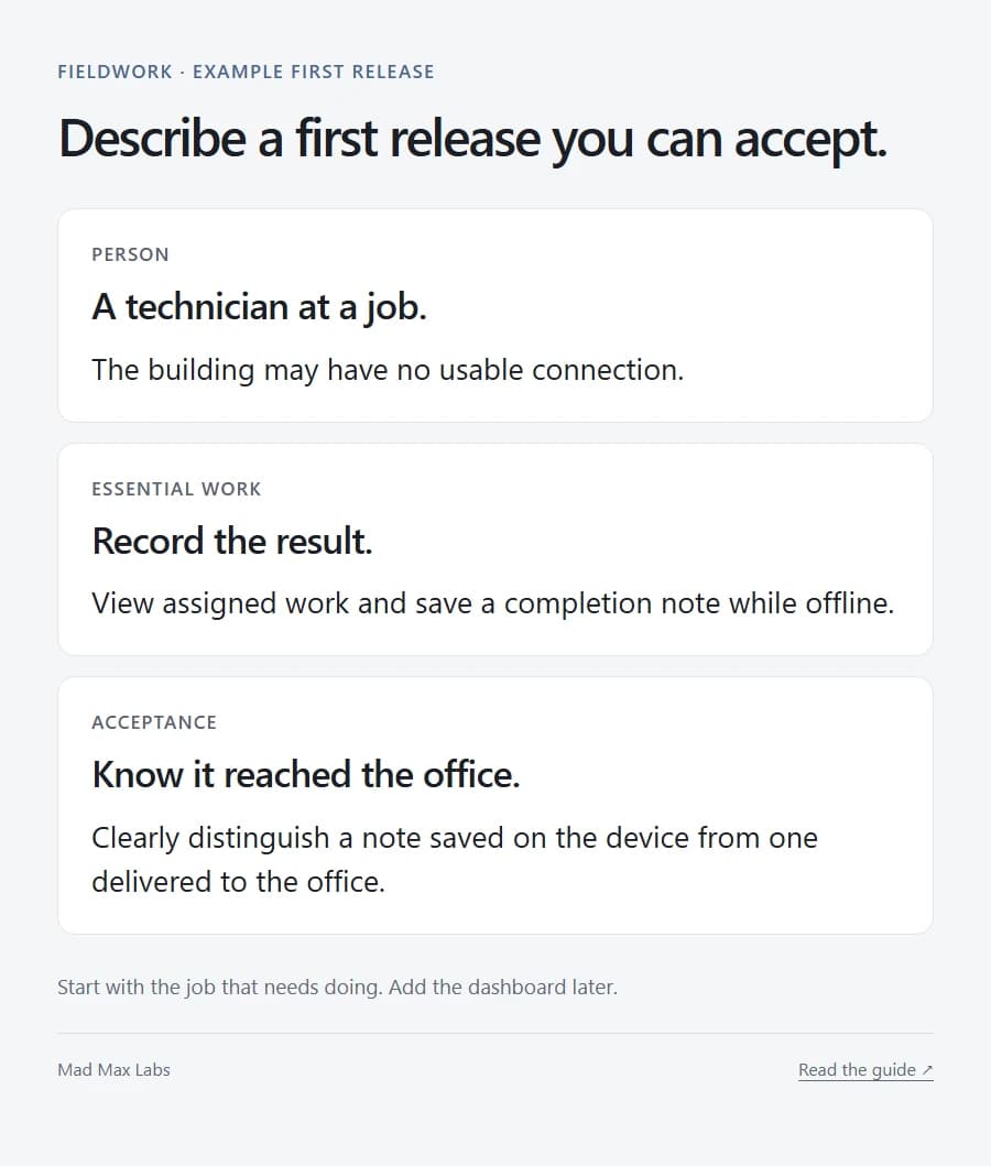 Example first-release brief for a technician: view assigned work, save a note offline and confirm delivery to the office.