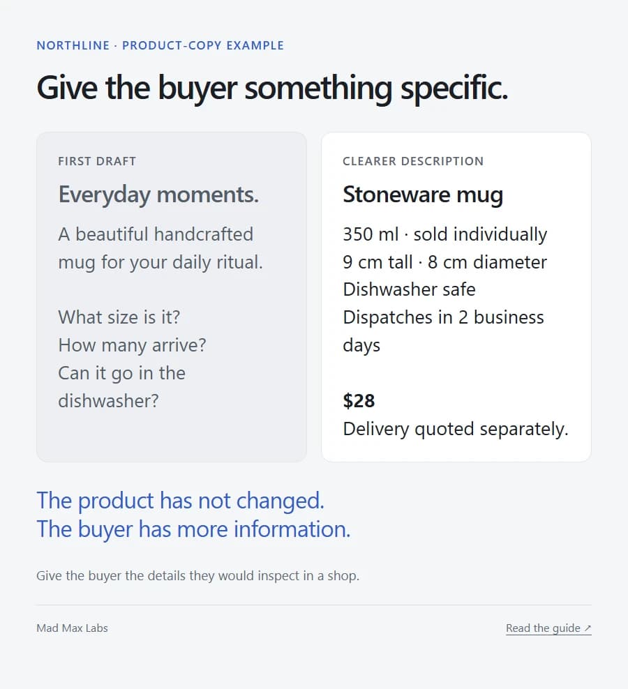 Two example product descriptions comparing vague lifestyle copy with capacity, dimensions, care and pack contents.