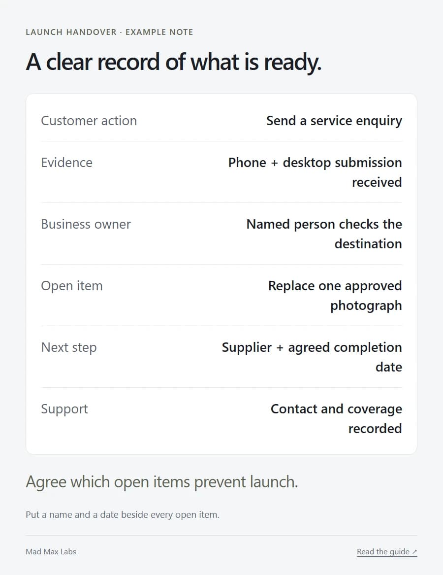 Sample launch acceptance note with customer action, evidence, owner, outstanding work and support contact fields.