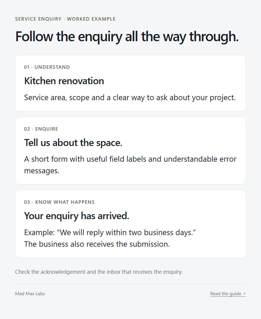 Example service enquiry example: understand the service, send a short enquiry and receive an acknowledgement explaining when to expect a reply.