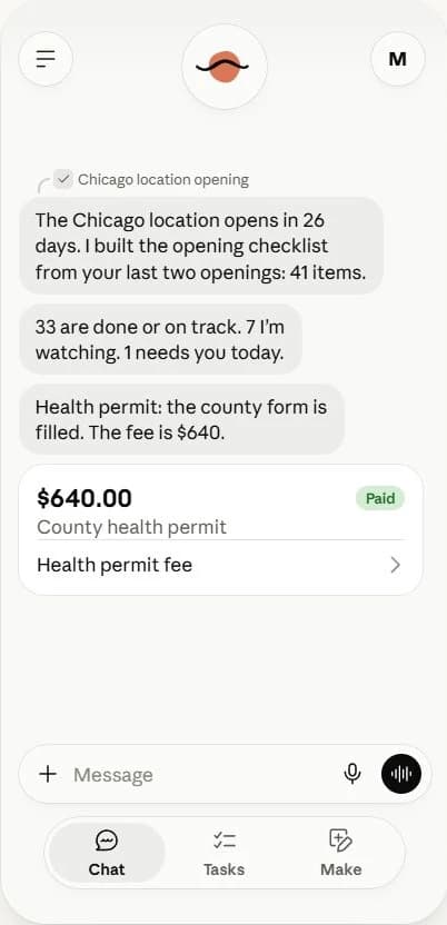 Anthropic’s Claude Duet product-page demo showing a Chicago opening checklist and a completed permit-payment record in a phone conversation.