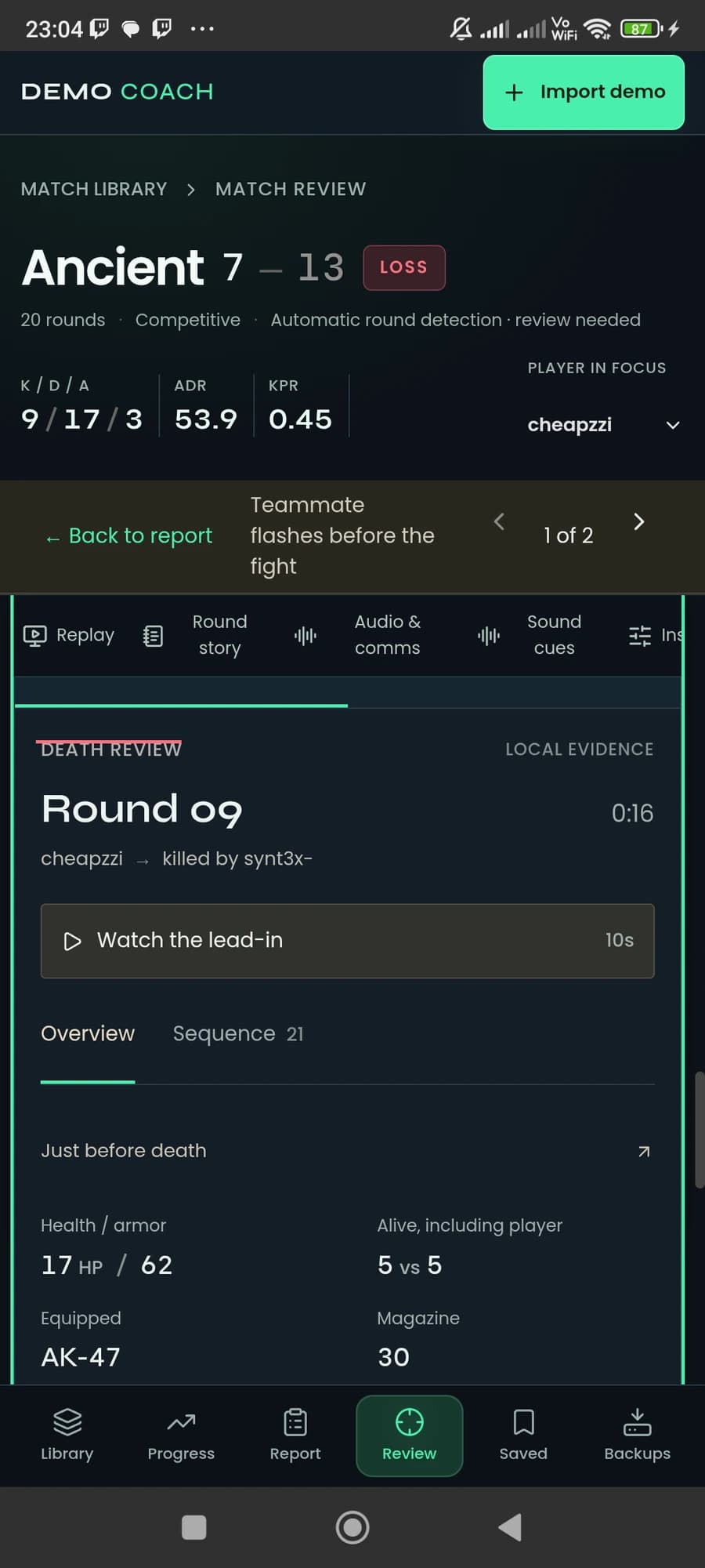 CS2 Demo Coach: Inspect a death. Actual product capture.
