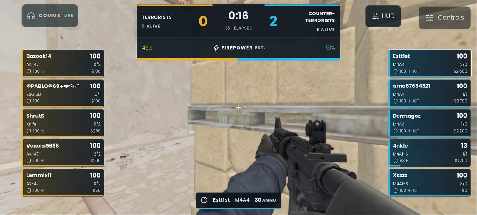 CS2 Demo Coach Android player view on Mirage with team rosters and a reconstructed map.