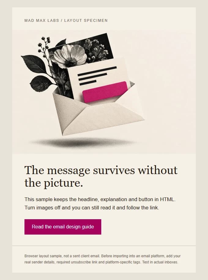 A browser render of the Mad Max Labs sample email at 680 pixels wide, with original artwork above a live headline and magenta text-link button.
