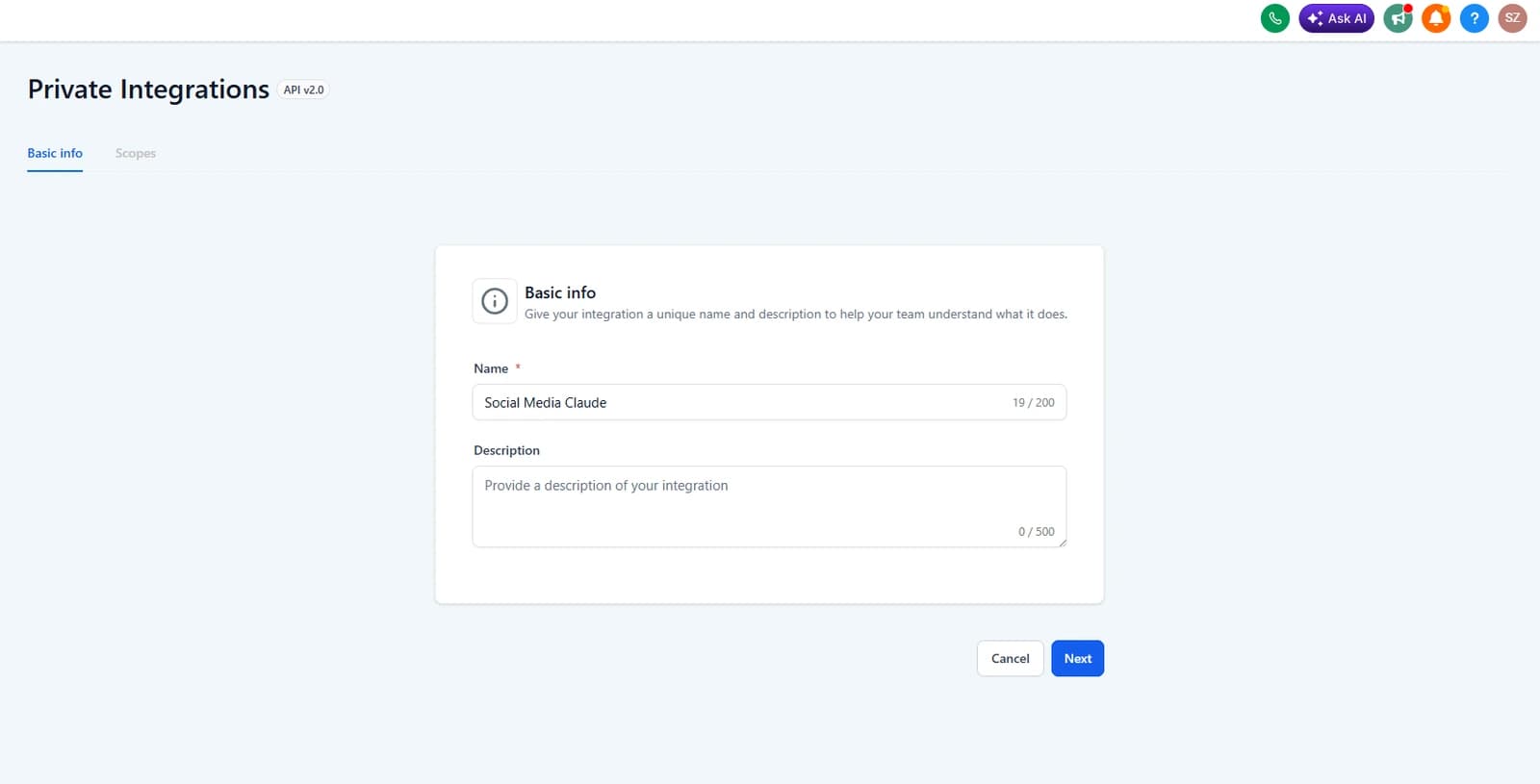 The Basic info screen for a GoHighLevel private integration named Social Media Claude, before scopes are selected.