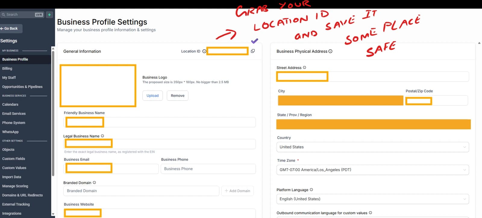 GoHighLevel Business Profile settings showing where the location ID appears, with account and business details redacted.