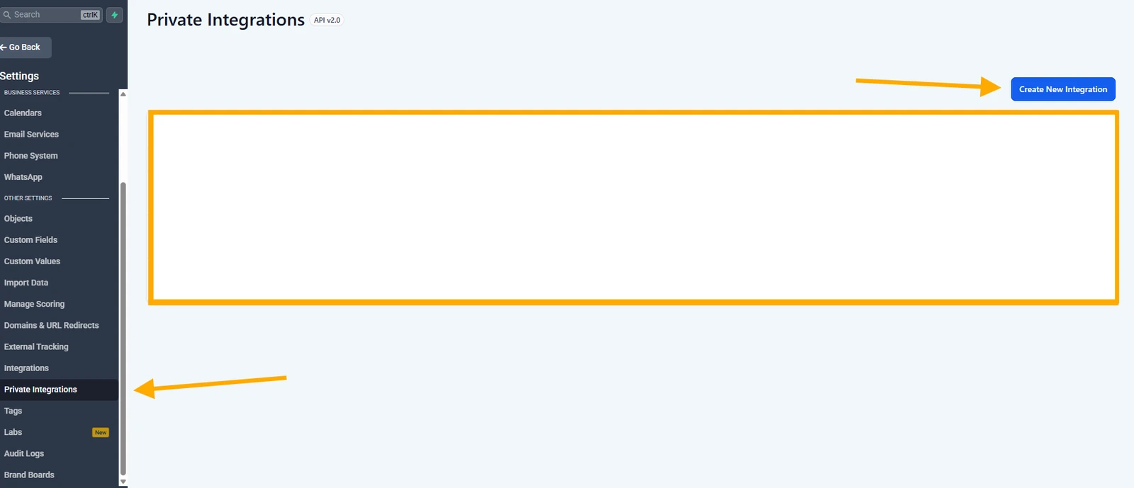 GoHighLevel Settings with Private Integrations selected and an annotation pointing to Create new integration.