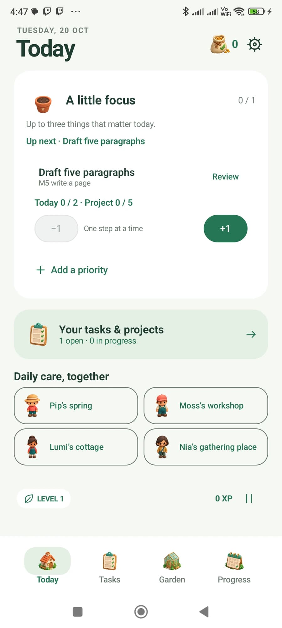Terrarium Today screen with a shared project step, daily quantity and correction controls.