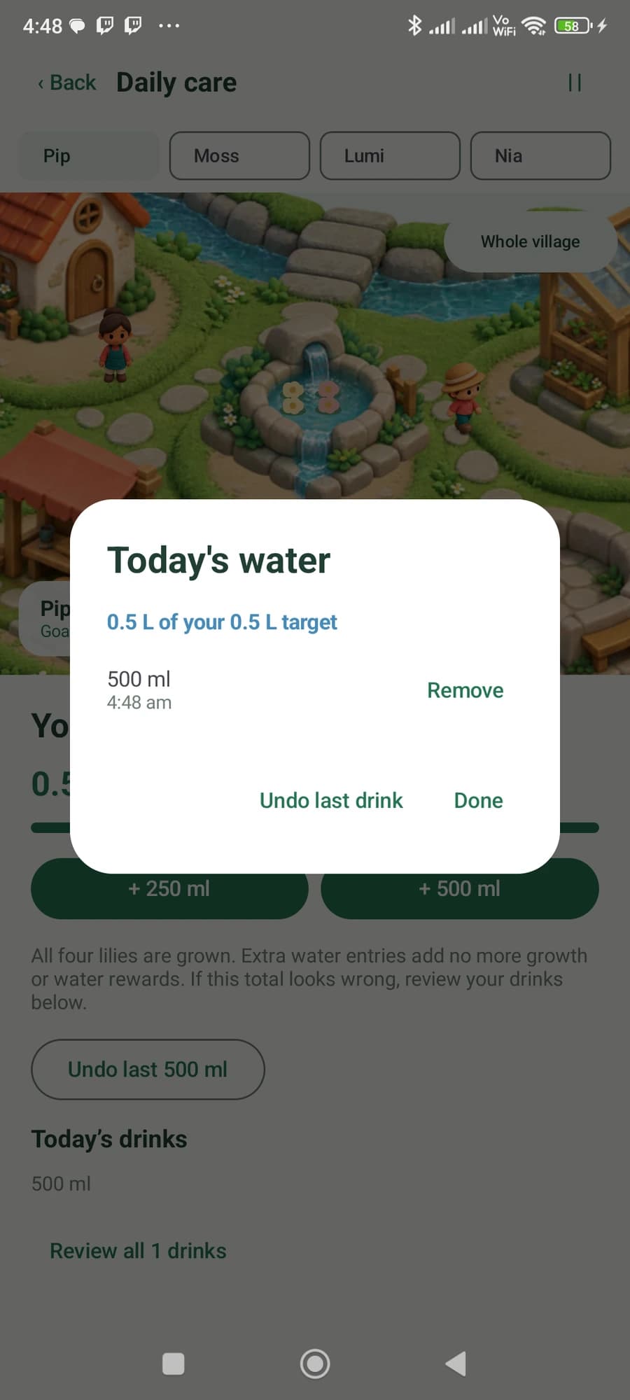 Today's water dialog in Terrarium with a 500 millilitre entry, its time, a Remove action and Undo last drink.