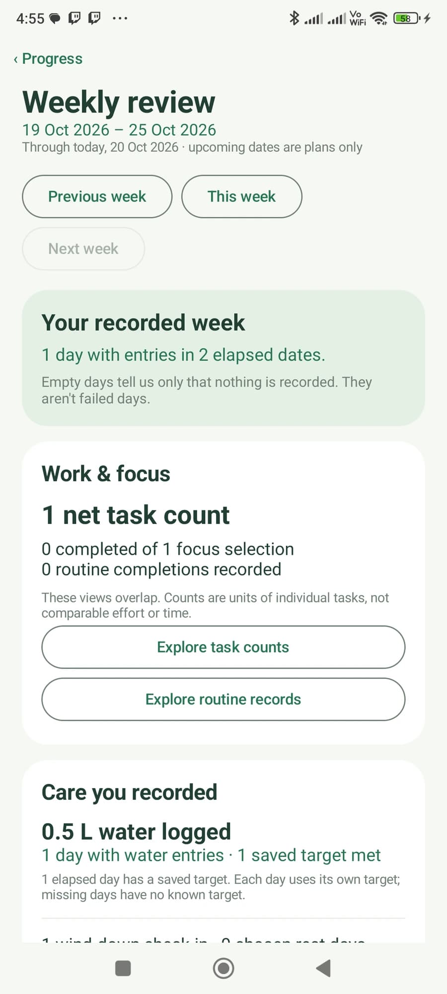 Terrarium weekly review for October 19 to 25, showing one day with entries out of two elapsed days and separate task, focus and water records.
