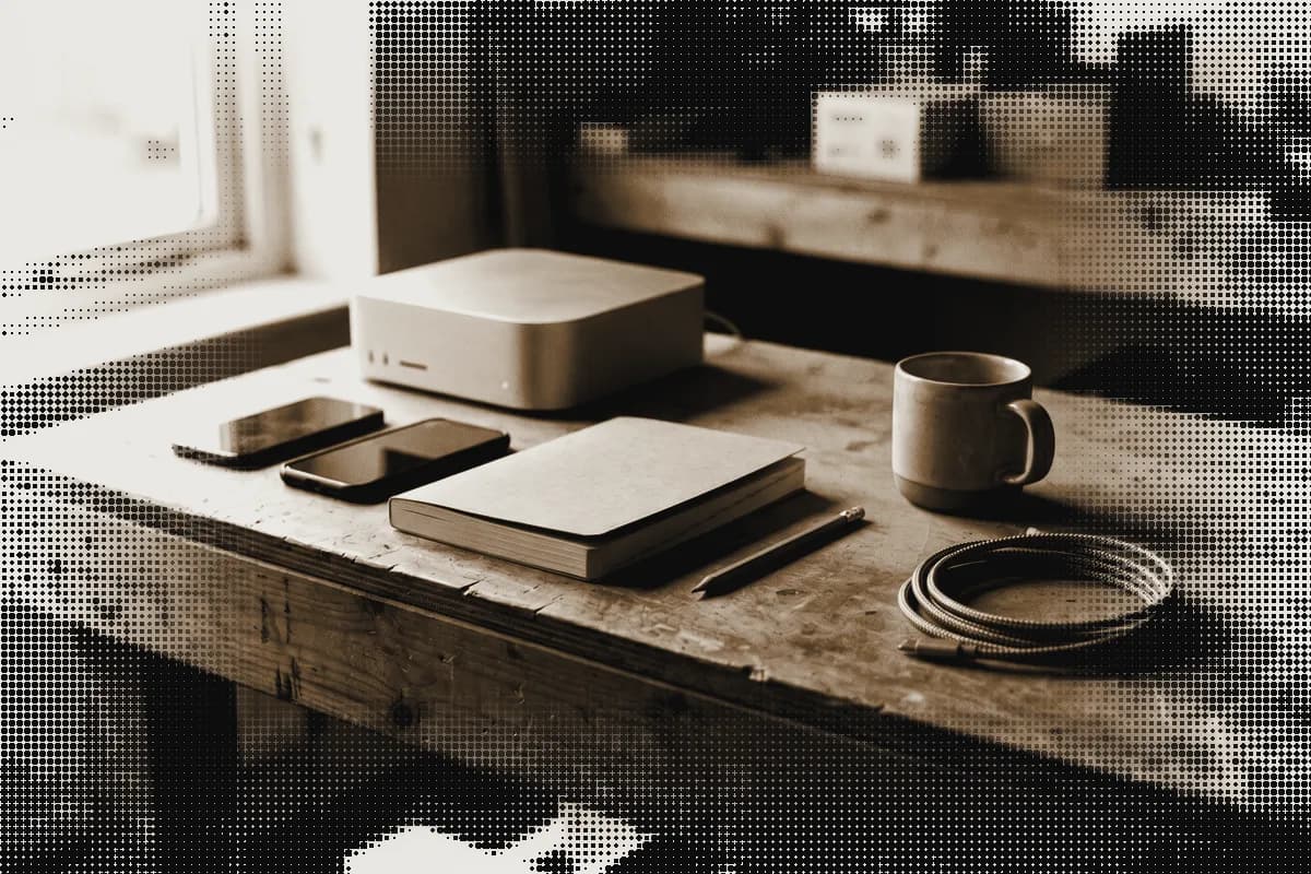 The studio bench: a small desktop computer, two phones face down, a notebook, a pencil and a mug by a window, pressed in bronze