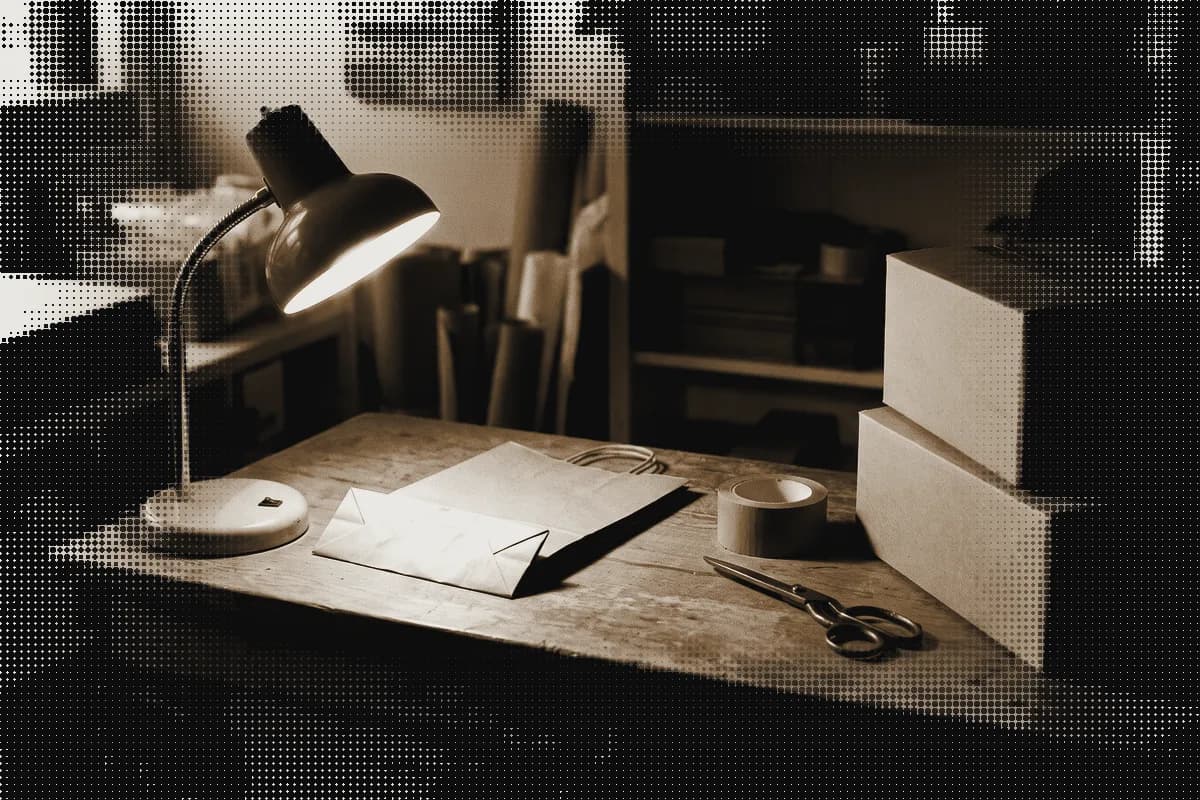 A shop's packing counter after hours: a paper bag, kraft tape, scissors and boxes under one lamp, pressed in bronze