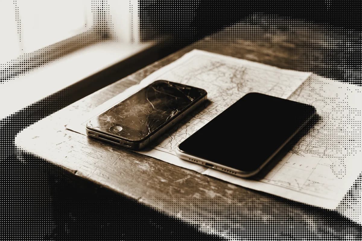 An old scratched phone and a new one, face down side by side on a paper map, pressed in bronze