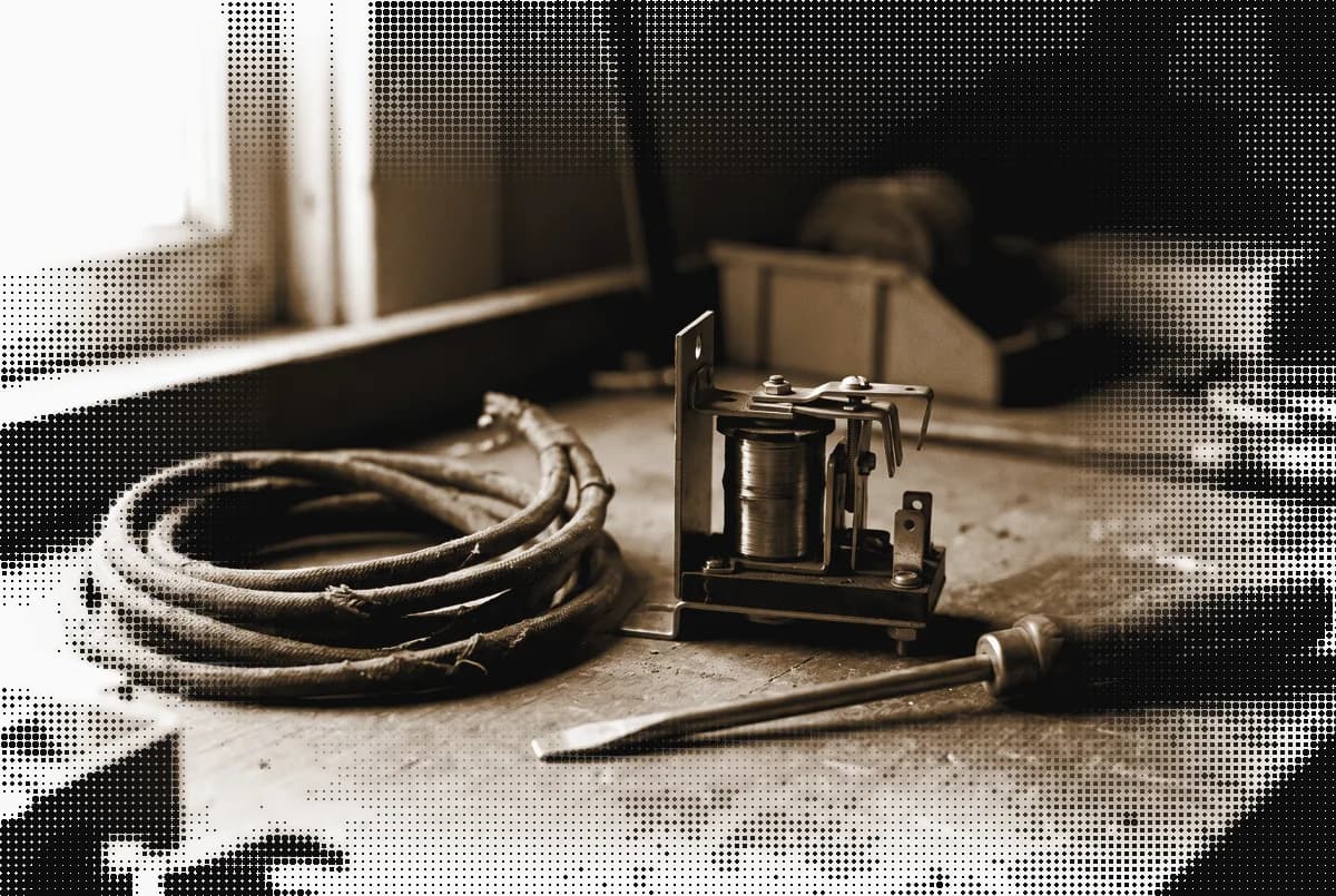 A small electromechanical relay on a workbench beside a coiled cable and a screwdriver, pressed in bronze