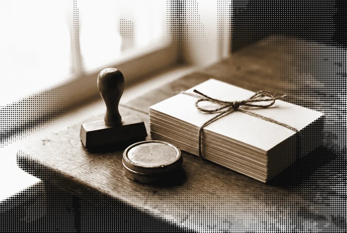 A stack of blank postcards tied with string beside a rubber stamp and an ink pad, pressed in bronze