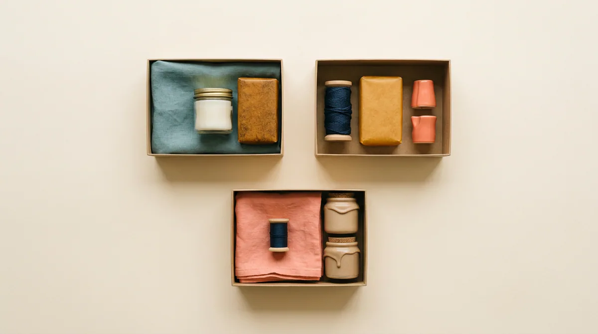 Three open boxes holding different mixes of goods