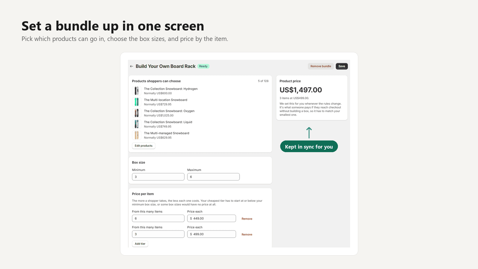 Mix and Match Bundles editor showing selected products, box sizes, and per-item pricing tiers