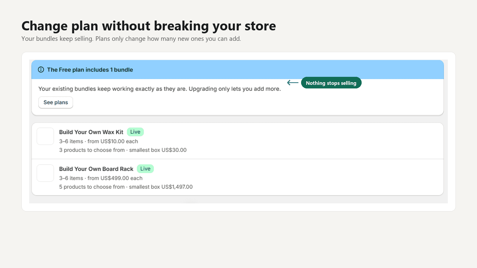 The app's bundle list in the Shopify admin, showing existing bundles and a banner about the current plan's limit.