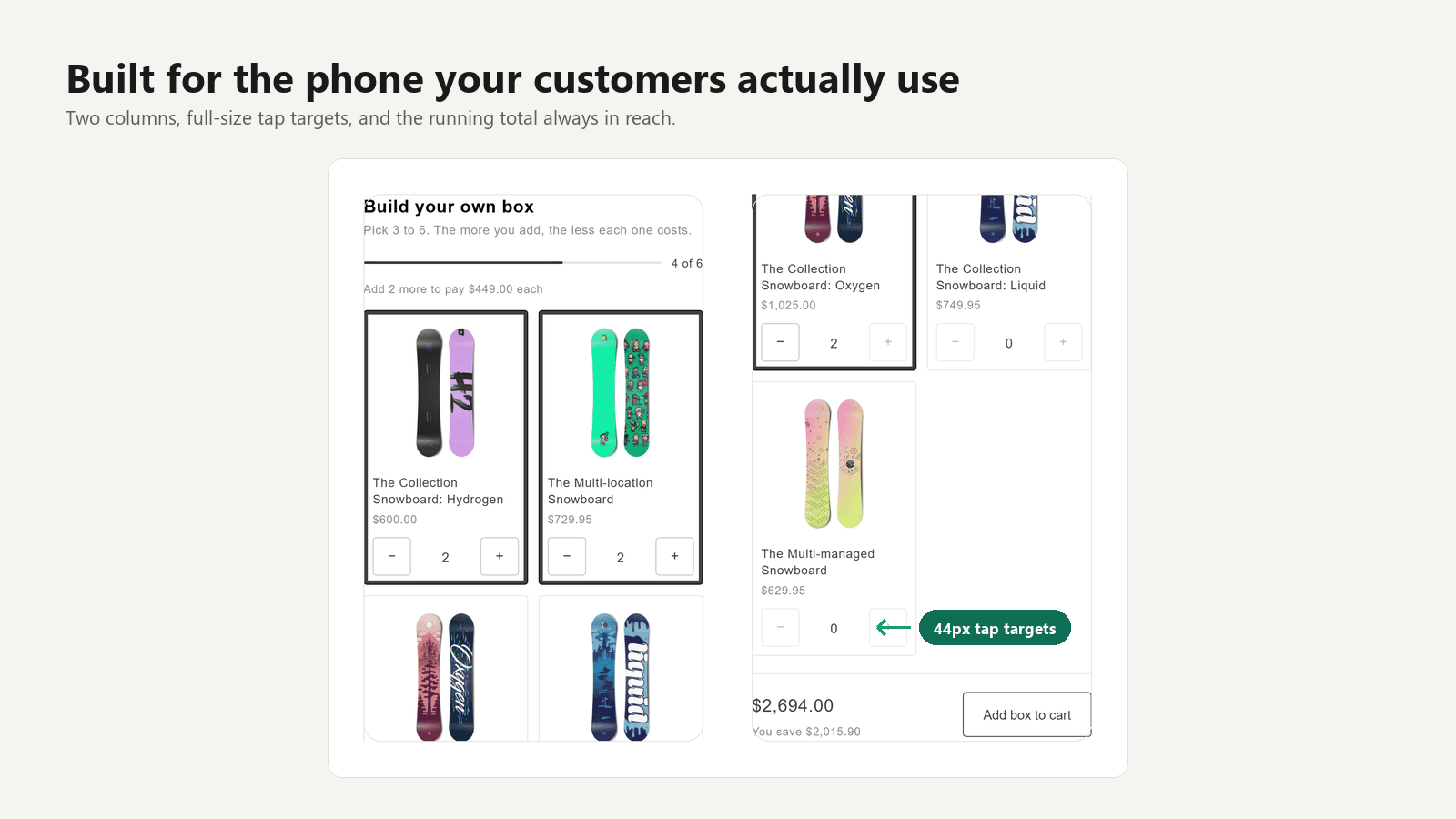 The picker rendered at two phone widths side by side, showing a two-column grid with full-size tap targets.