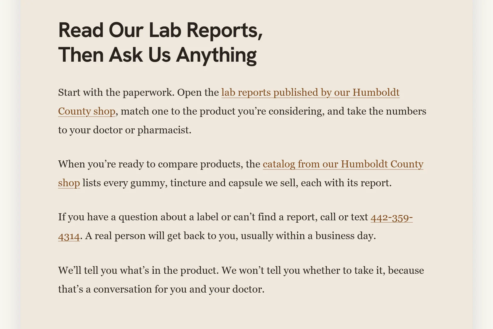 The closing section of a StandardCBD article, titled Read Our Lab Reports, Then Ask Us Anything, with links to the reports, the catalog and a phone number