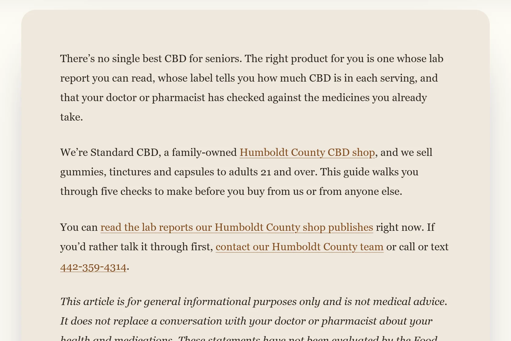 The opening of a StandardCBD article, with links to the lab reports, the contact page and a phone number in the first paragraphs