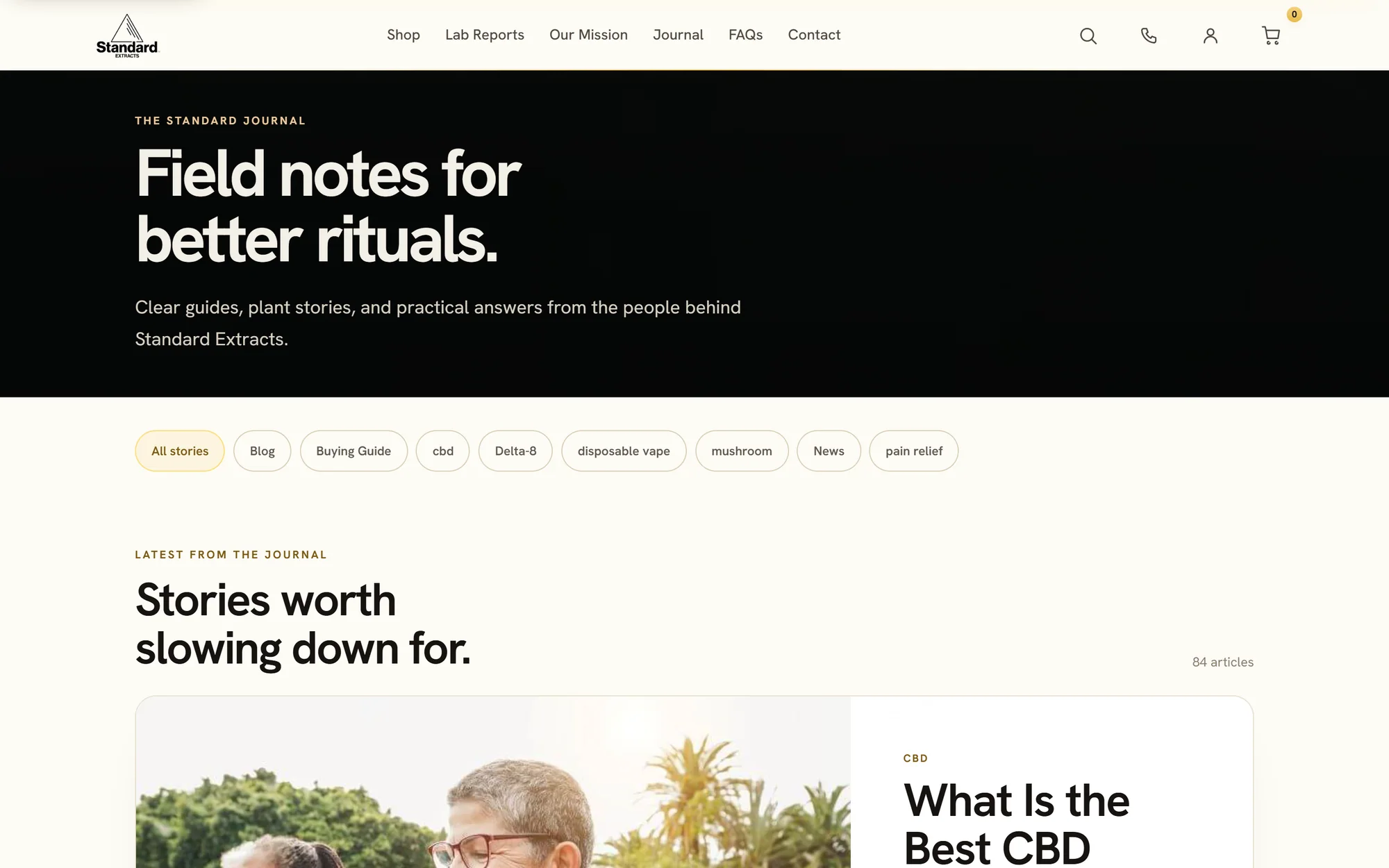 The Standard Journal: the headline Field notes for better rituals above topic filters and a featured article
