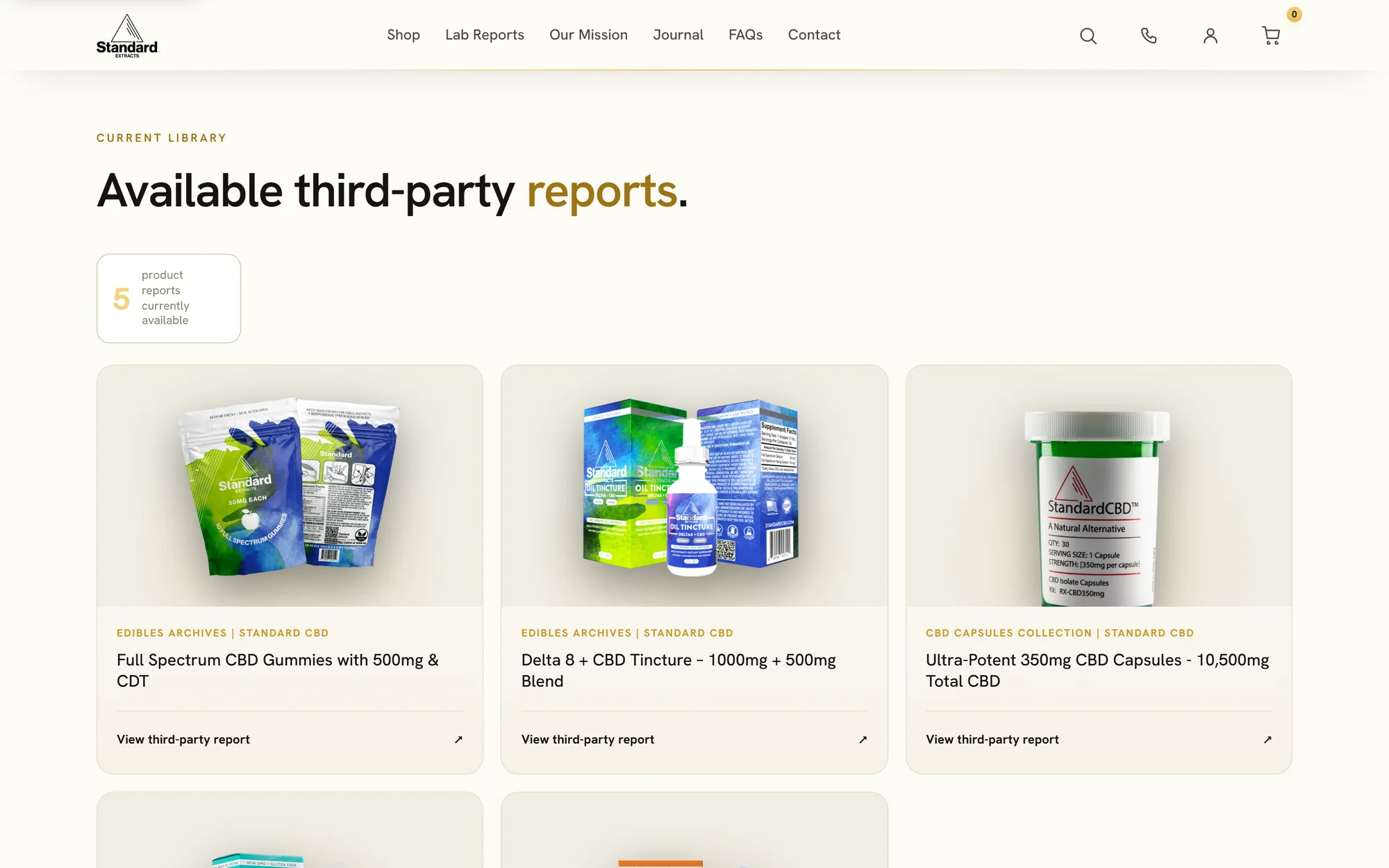 The StandardCBD lab reports page listing each product with a link to its third-party report