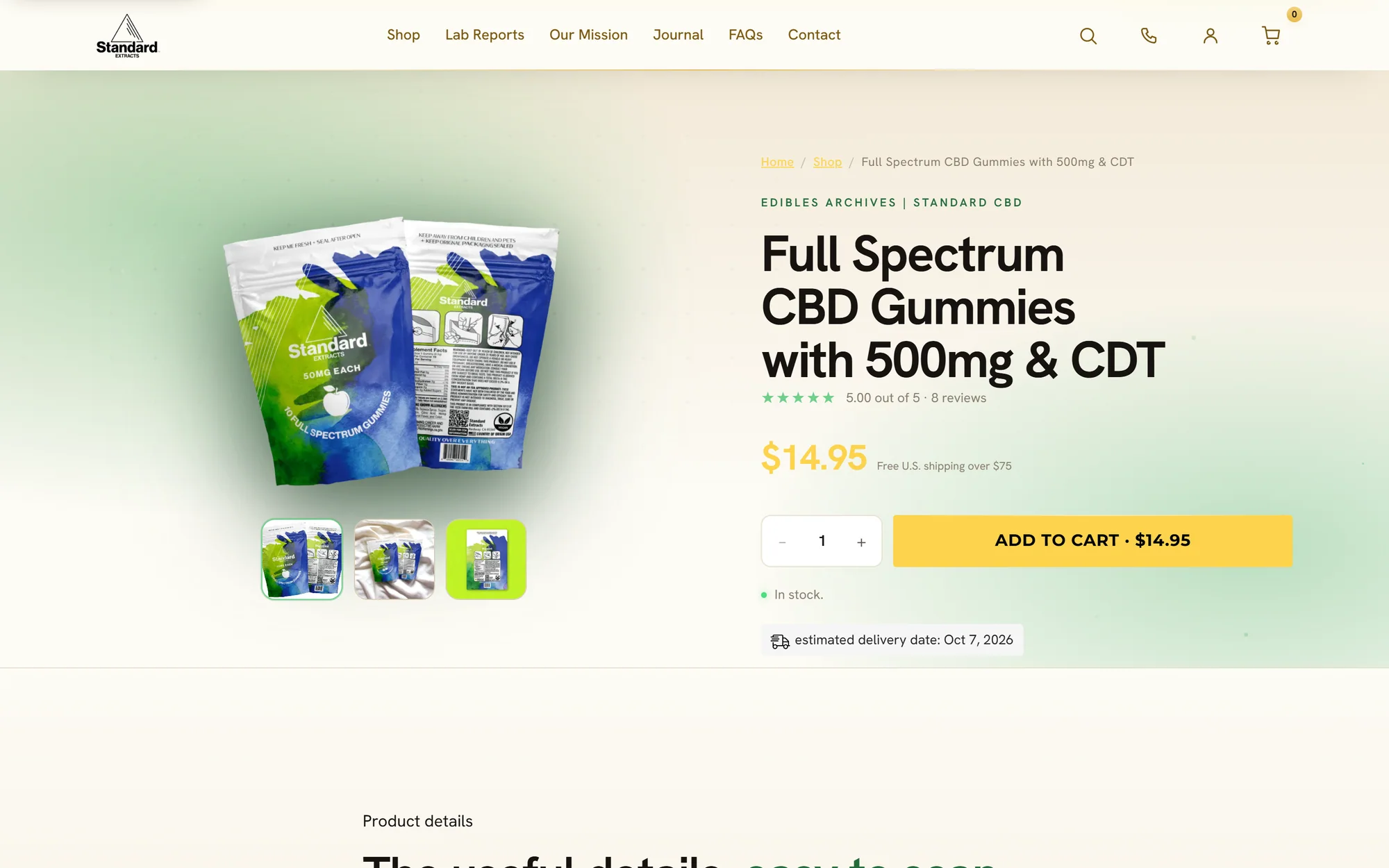 A StandardCBD product page for full spectrum CBD gummies, with price, reviews, an add to cart button and an estimated delivery date