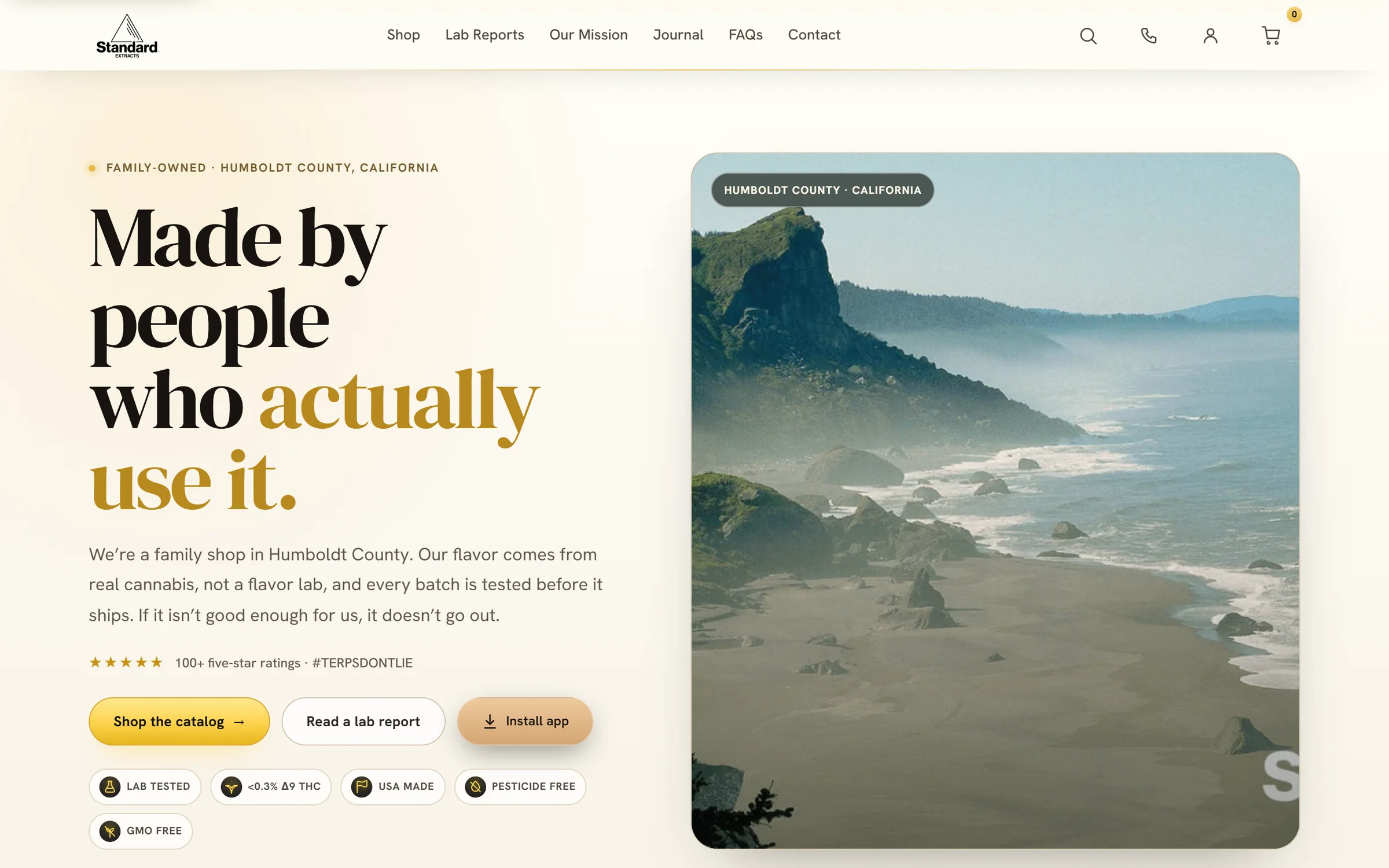The StandardCBD home page: the headline Made by people who actually use it, beside a photograph of the Humboldt County coast