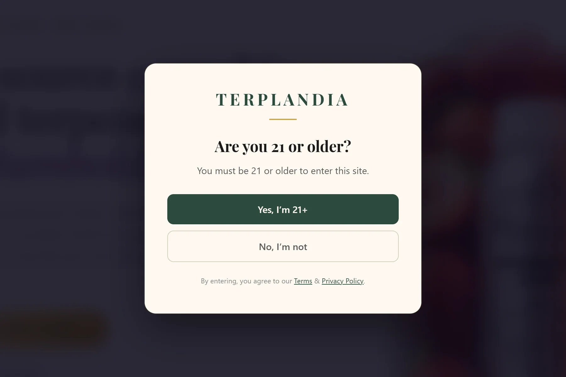 Terplandia's age gate asking whether the visitor is 21 or older