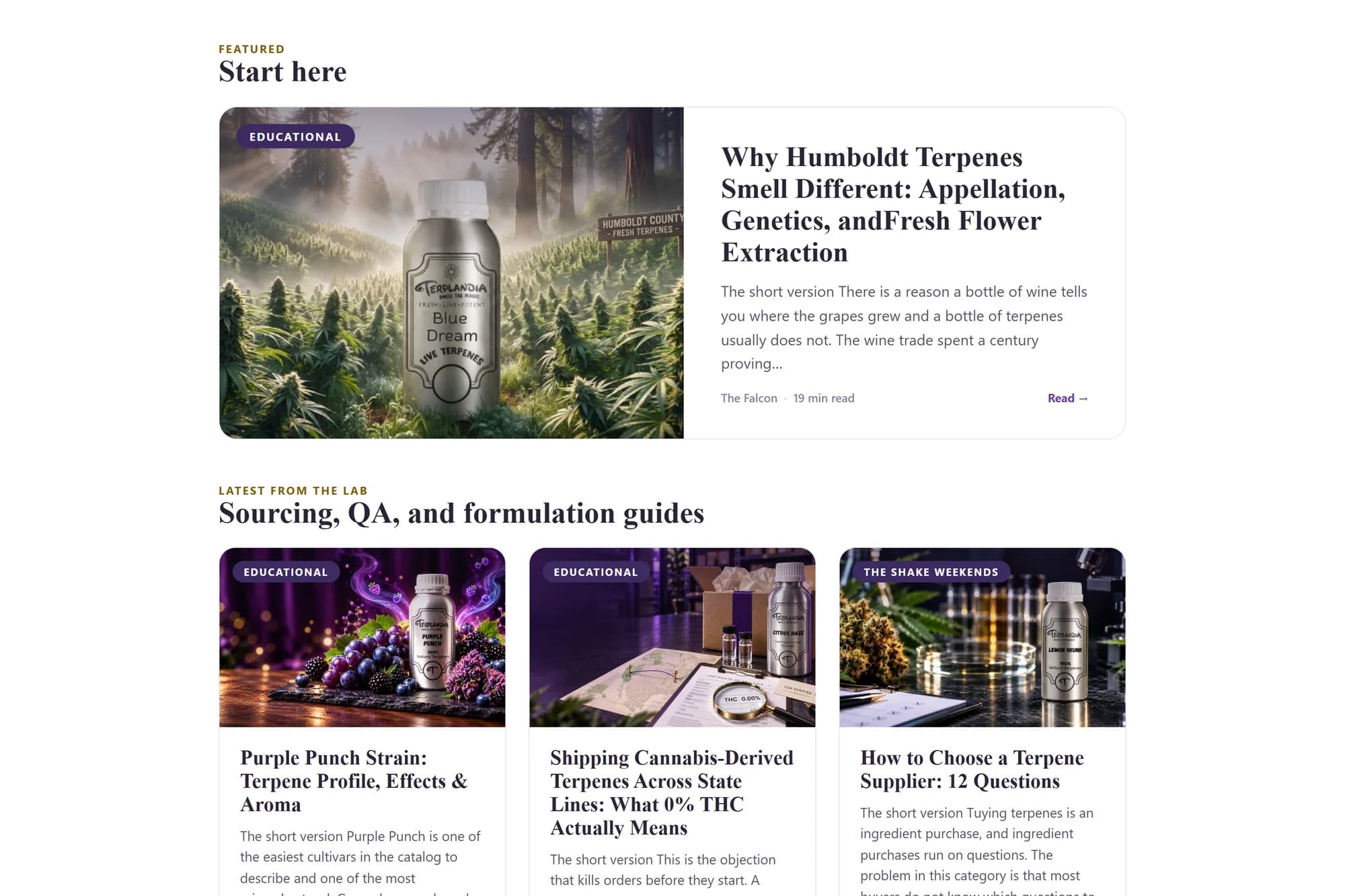 The Shake, Terplandia's journal: a featured article on Humboldt terpenes above a row of sourcing and formulation guides