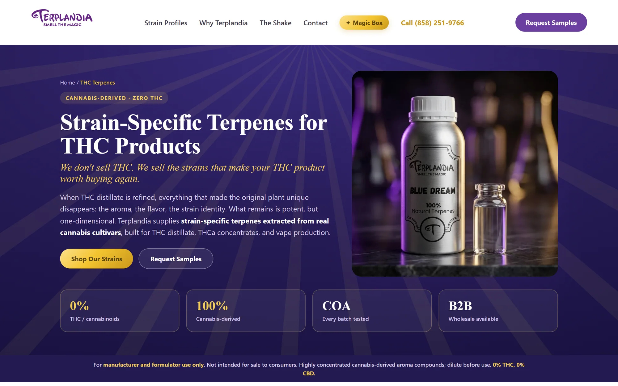 A Terplandia landing page titled Strain-Specific Terpenes for THC Products, with a notice that the product is for manufacturer and formulator use only